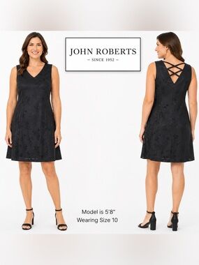 John Roberts Little Black Leaf Print Criss Cross Back Dress 10